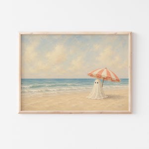 Vintage-inspired painting of a small white ghost sitting beneath a striped beach umbrella on a quiet sandy shoreline overlooking soft blue ocean waves under a warm pastel sky.