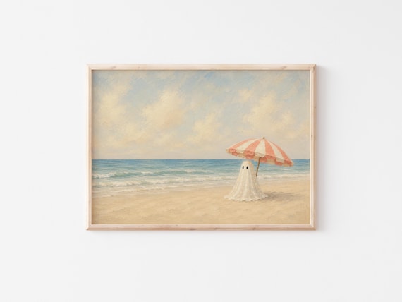 Summerween Ghost Beach Print, Coastal Halloween Wall Art, Vintage Beach Ghost Decor, Cute Ghost Under Umbrella, Cottagecore Ocean Printable