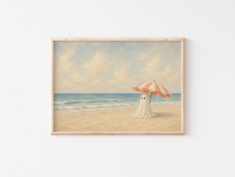 Vintage-inspired painting of a small white ghost sitting beneath a striped beach umbrella on a quiet sandy shoreline overlooking soft blue ocean waves under a warm pastel sky.