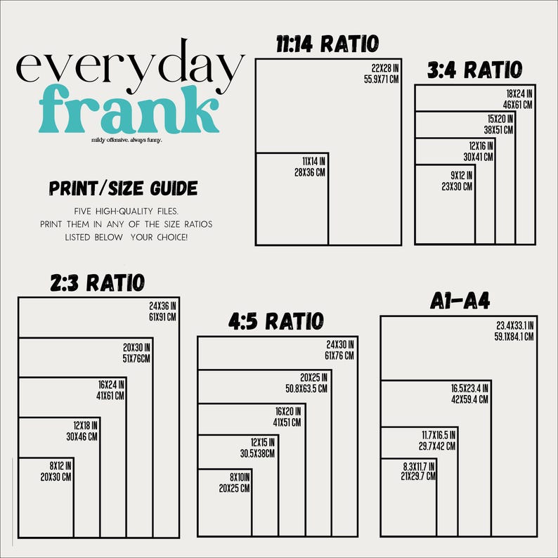 May include: A black and teal print size guide chart titled everyday frank. It displays five ratio categories: 11:14, 3:4, 2:3, 4:5, and A1-A4. Each section lists multiple rectangular frame sizes in inches and centimeters for digital art prints.