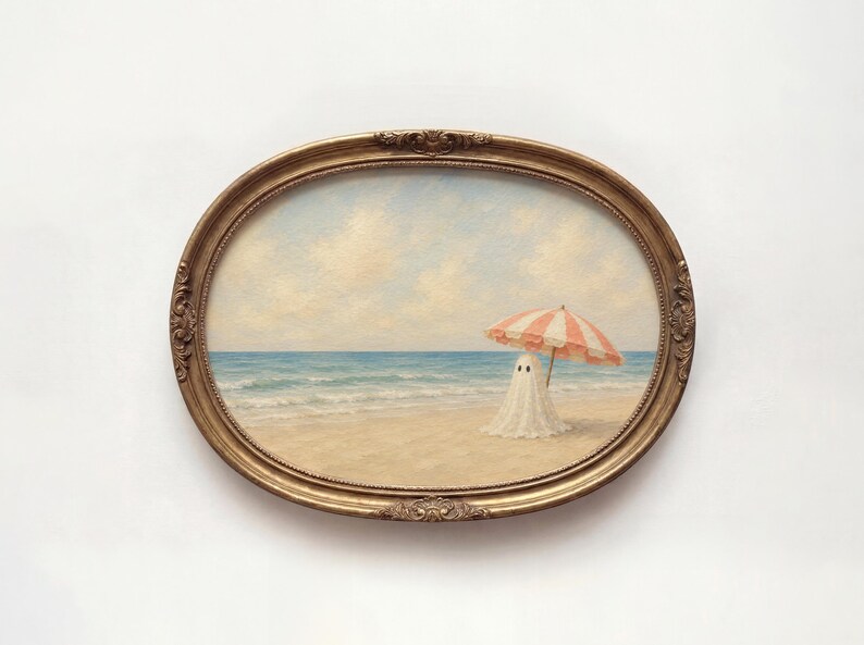 Summerween wall art showing a cute ghost on a sandy beach beside gentle ocean waves in a soft vintage color palette with hand-painted texture.