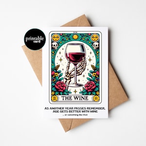 AFDRUKBARE grappige tarotverjaardagskaart - grappige wijnverjaardagskaart - tarotkaart wenskaart voor beste vriend