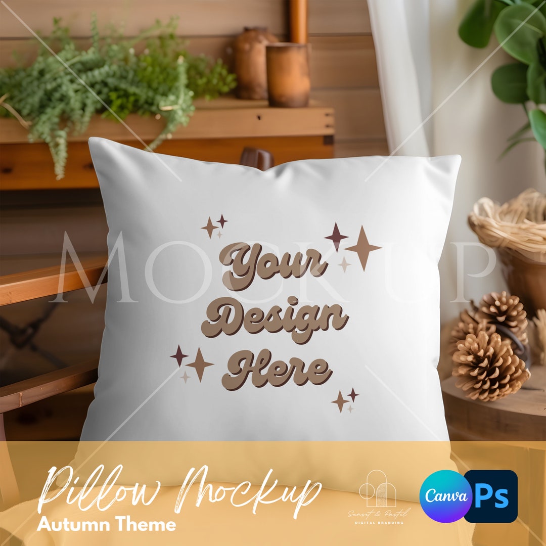 Square Pillow Mockup, Autumn Theme Pillow Mockup, Fall Blank Accent