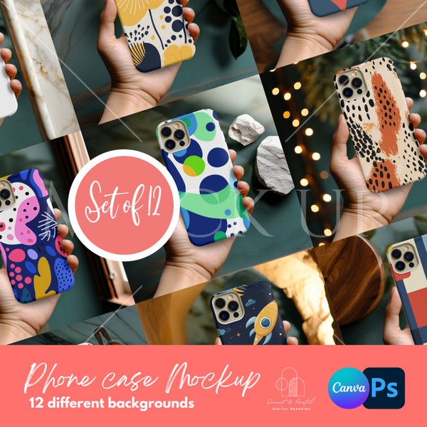iPhone Case Mockup, 12 different backgrounds, Hand Holding iPhone Mockup, Boho inspired Mockup, PNG overlay, Canva Overlay, Instant Download