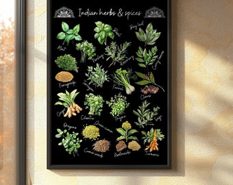 Watercolor Indian Food Print Kitchen Herbs Dark Poster Asian Culinary Decor Desi Food Wall Art Printable Herbs & Spices Art Large Size 30x40
