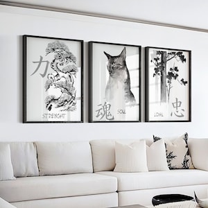 Japanese Kanji Character STRENGHT SOUL print set of 3 Poster Black White Modern Asian Minimalist Japandi Wall Art Set Sumi-e Ink Painting