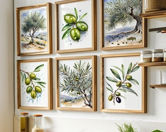 Watercolor Olives Art Print Set of 6, Olive Branch Wall Art Set of Six, Olive Tree Printable Art Wall Decor, Italian Olives Art Poster