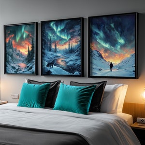 Sternenhimmel Nacht Aurora Borealis 3er-Set Prints, Nachthimmel Wandbild, Nebelhafte Nacht Berge Wanddekor, Nordlichter Art AURORA_I