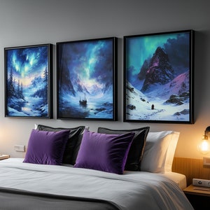 Starry Sky Night Aurora Borealis Set of 3 Prints, Stunning Night Sky Wall Art,Foggy Night Mountains Wall Decor, Northern Lights Art AURORA_I
