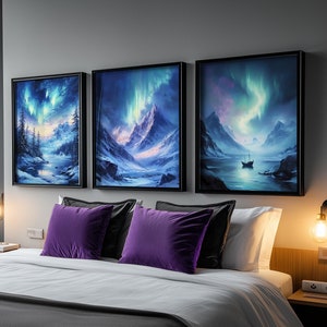 Sternenhimmel Nacht Aurora Borealis 3er-Set Prints, Nachthimmel Wandbild, Nebelhafte Nacht Berge Wanddekor, Nordlichter Art AURORA_I