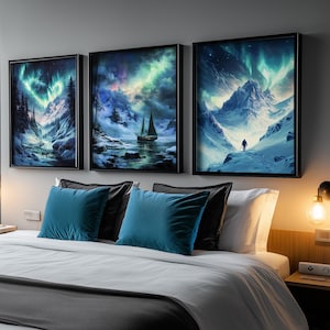 Sternenhimmel Nacht Aurora Borealis 3er-Set Prints, Nachthimmel Wandbild, Nebelhafte Nacht Berge Wanddekor, Nordlichter Art AURORA_I