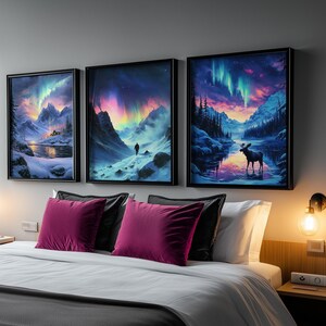 Sternenhimmel Nacht Aurora Borealis 3er-Set Prints, Nachthimmel Wandbild, Nebelhafte Nacht Berge Wanddekor, Nordlichter Art AURORA_I