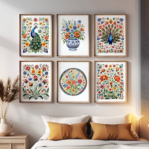 Polish Folk Art Prints Set of 6, Cottagecore Colorful Wildflowers Folklore Peacock Wall Art Set of Six, European Folk Wall Decor Printable