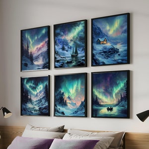 Sternenhimmel Nacht Aurora Borealis Prints, 6er-Set, Atemberaubende Nachthimmel-Wand-Dekoration, Nordlichter Art AURORA_I