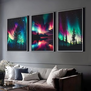 Colorful Aurora Borealis Night in the Woods Wall Art Set of 3 - Forest Night Sky Set of 3 Prints - Polar Lights Wall Decor Printable Gallery