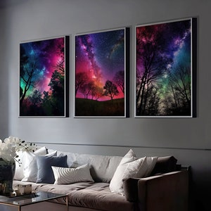 Bunte Aurora Borealis Nacht im Wald Wand Kunst 3er Set - Wald Nachthimmel 3er Set Drucke, Polarlichter Wand Dekor druckbare Triptychon