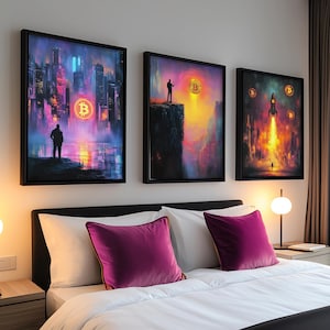 Colorful Bitcoin Abstract Art Print set of 3, Crypto Trading Wall Art Set of Three, BTC Bitcoin Digital Art Office Decor Instant Download