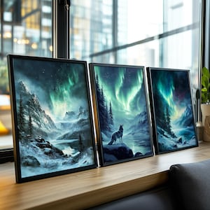 Sternenhimmel Nacht Aurora Borealis 3er-Set Prints, Nachthimmel Wandbild, Nebelhafte Nacht Berge Wanddekor, Nordlichter Art AURORA_I