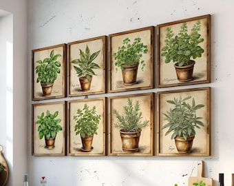 Watercolor Vintage Herbs in Clay Pots Set of 10 Prints, Watercolor Herb Garden Artwork, Large Herbs Wall Art, Herbalist Decor Gift PRINTABLE