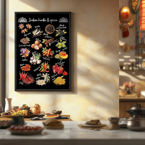 Affiche aquarelle cuisine indienne impression épices cuisine décoration cuisine asiatique sombre Desi art mural imprimable herbes et épices grand 30 x 40