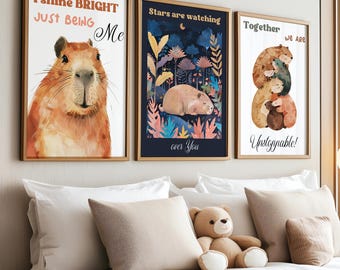 Capybara Kids Positive Quotes Print Set of 8, Nursery Motivational Capybara Wall Art, Children Inspirational Affirmations Gallery Wall
