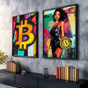 Pop Art Bitcoin Frau Wandkunst Set von 6, moderne bunte Bitcoin Kunstdruck Set von sechs, Bitcoin Wanddekor Galerie, einzigartige Bitcoin Poster Set