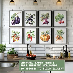 Conjunto de impressão de arte vegetal em aquarela de 3, 6, 8 ou 12, impressões de papel de parede botânico de vegetais com frete grátis, conjunto de pôster de cozinha vegana sem moldura