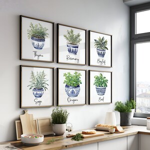 Aquarell Kräuter Chinoserie Vase Wandkunst Set 3 4 6 oder 12 Kräutertöpfe Poster, Küchenkunst Druck Kraut im Topf 3er Set, KOSTENLOSER VERSAND