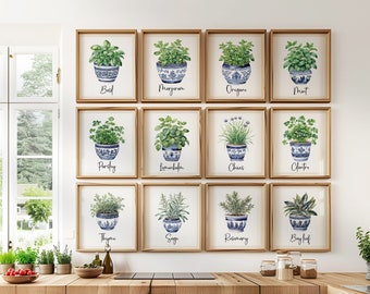 Watercolor Herbs Chinoserie Vase Wall Art Set of 12, Printable Potted Herb Poster, Kitchen Botanical Art Print Herb in Pot Art Set of Twelve