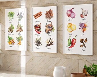 Watercolor Spices Print Set of three, Spices Guide Set of 3 Prints, Spice Wall Art Culinary Prints, Minimal Food Decor Spice Chart PRINTABLE