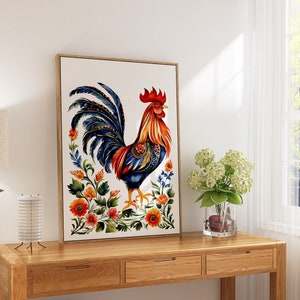 Folk Rooster Print Polish Folklore Wall Art Wildflower Rooster Poster Floral Rooster Flower Decor Nursery Rooster Art 8x10 18x24 printable