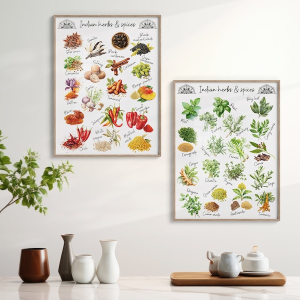 Watercolor Indian Food Print Set of 2 Kitchen Herbs and Spices Poster Asian Culinary Decor Desi Food Wall Art Printable Herbs and Spices Art