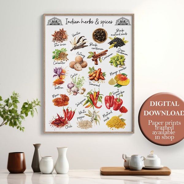 Watercolor Indian Food Print Kitchen Spices Poster Asian Culinary Decor Desi Food Wall Art Printable Herbs and Spices ArtLarge Size 30x40