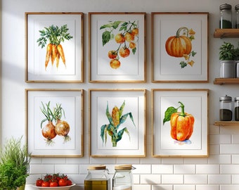 Puede incluir: Seis acuarelas enmarcadas de diversas frutas y verduras, incluyendo zanahorias, cebollas, pimientos, maíz y tomates. Las pinturas están colgadas en una pared de azulejos blancos en una cocina.