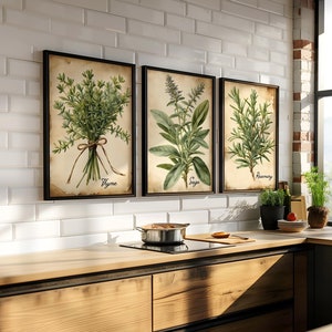 Vintage Watercolor Herb Prints – Rustic Kitchen Wall Art Set of 3, 6 or ...