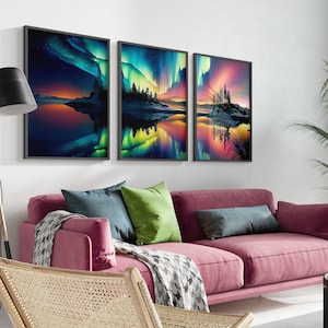 Colorful Aurora Borealis Wall Art Set of 3, Polar Lights Wall Decor, Northern Lights Set of 3 Prints, Northern Lights Printable Triptich