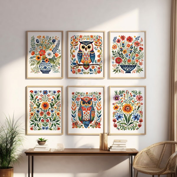 Watercolor Folk Owl Art Print Set of 6 Polish Folk Art Posters Colorful Wildflowers Wall Decor Nursery Owl Art Painting Wall Art - PRINTABLE