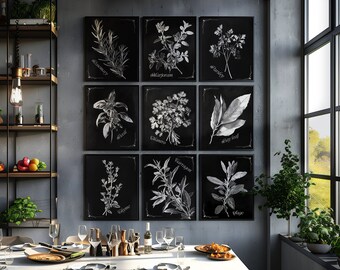 Herbs Print Set of 12 Charcoal Sketches of Herbs Vintage Dark Wall Art Rustical Kitchen Herbal Wall Decor Dark Kitchen Herbalist Gift