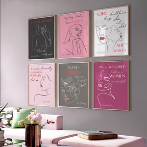 Empowered Famous Women Quotes Print Set of 6, Boho Chic Feminist Inspirational Quotes Wall Art Set, Boho Minimalist Line Art Gallery Wall