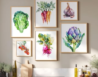 Watercolor Vegetable Art Print Set | Colorful Veggie Wall Art | Kitchen Dining Room Farmhouse Decor | Framed or Unframed Vegan Gift