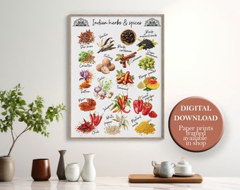 Watercolor Indian Food Print Kitchen Spices Poster Asian Culinary Decor Desi Food Wall Art Printable Herbs and Spices ArtLarge Size 30x40