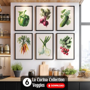 May include: Six framed watercolor prints of vegetables, including a green bell pepper, radishes, carrots, and onions, are displayed on a white wall. The prints are part of the "La Cucina Collection" and are arranged above a kitchen countertop.