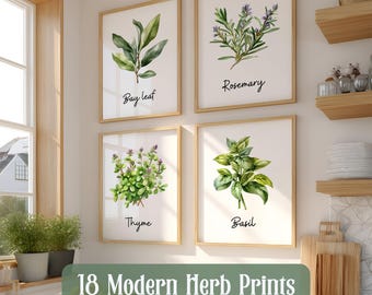 Watercolor Herb Wall Art Set | Framed or Unframed Botanical Kitchen Prints | Farmhouse Herb Gallery Wall Decor