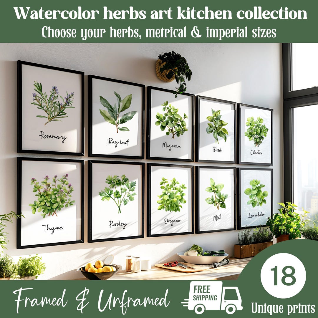 Watercolor Herbs Wall Art Set of 3 4 6 12, Herb Art Print Set of Three ...