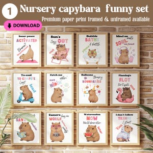 Cute Funny Empower Capybara Wall Art Set of 12, Big Silly Pink Capybara Print Bundle, Capybara Wall Decor, Capybara Gallery Wall PRINTABLE