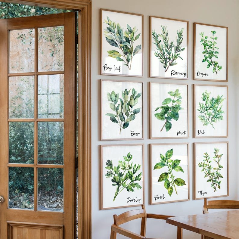 Watercolor Herb Gallery Wall Art Sign Set of 2 3 4 6, Modern Kitchen ...