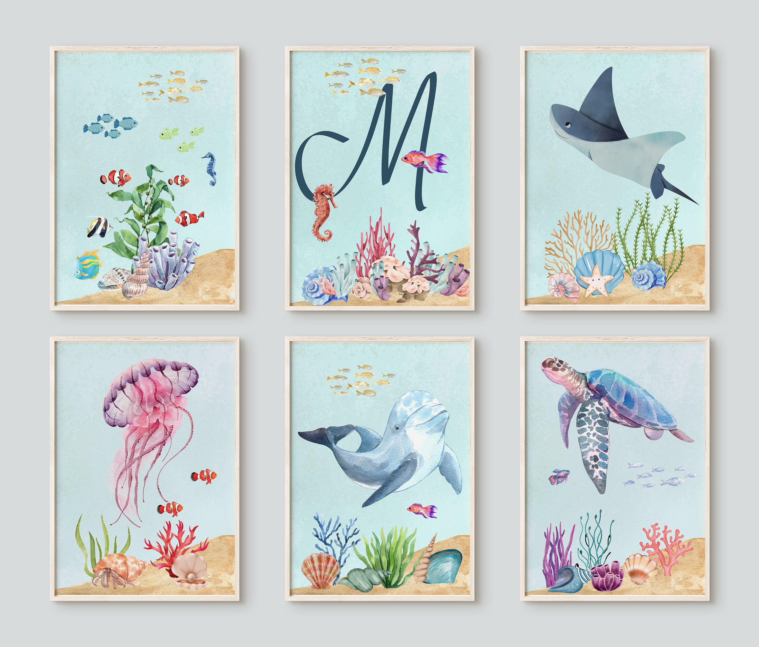Custom Initial Letter Ocean Nursery Decor Print Set of 6 - Etsy