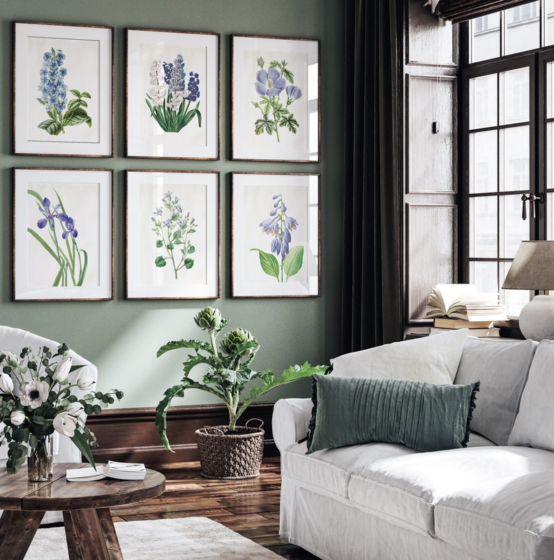 Vintage Blue Flowers Wall Art Set of 12, Blue Lily Iris Passion Flower ...