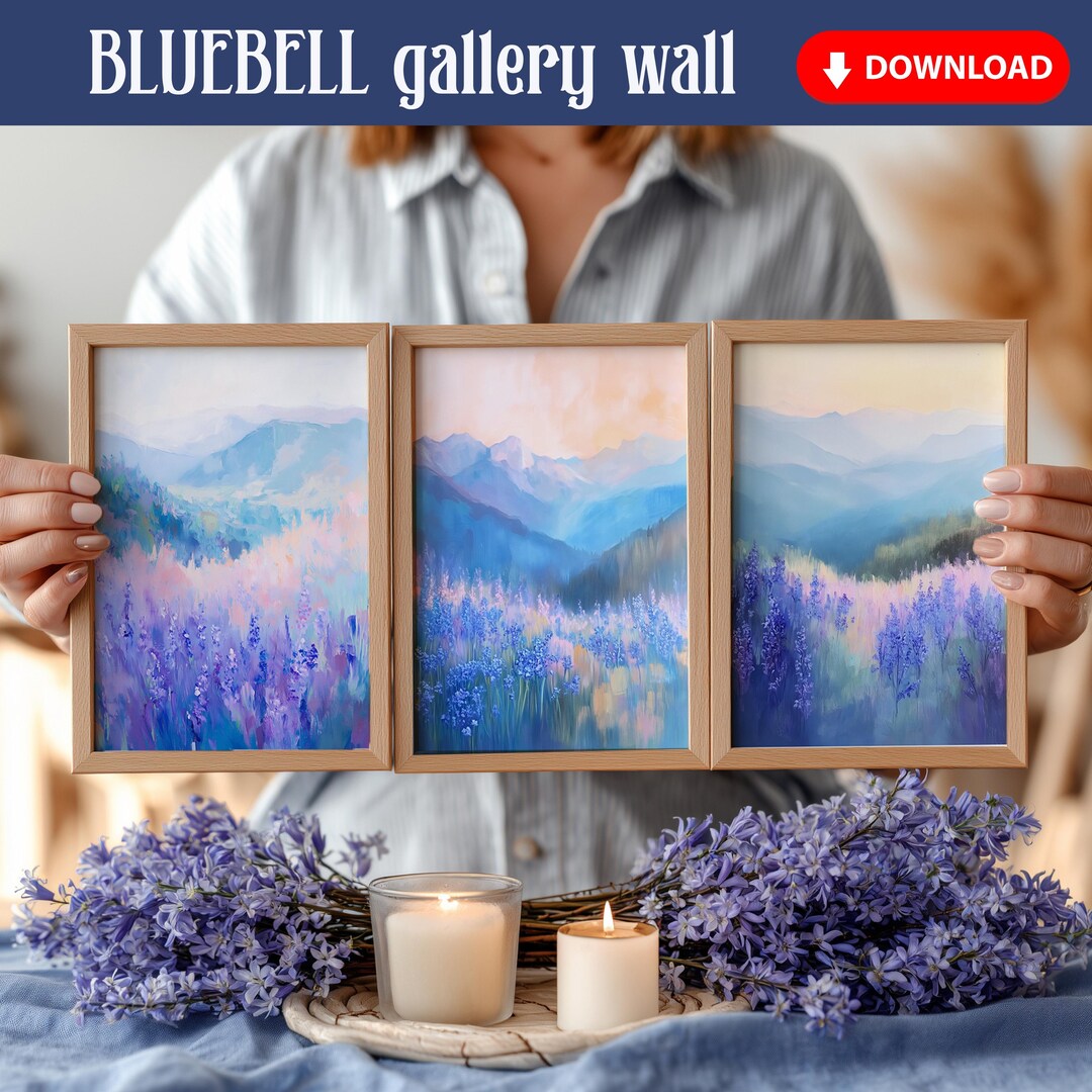 Watercolor Abstract Mountain Bluebell Art Print Set of 3, Pastel Pink ...