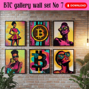 Pop Art Bitcoin Black Woman Wall Art Set of 6, Modern Colorful Bitcoin Art Print Set of Six, Unique Bitcoin Wall Decor Gallery Poster